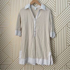 Cynthia Rowley Linen blend collared shirt dress tunic contrast split hems S